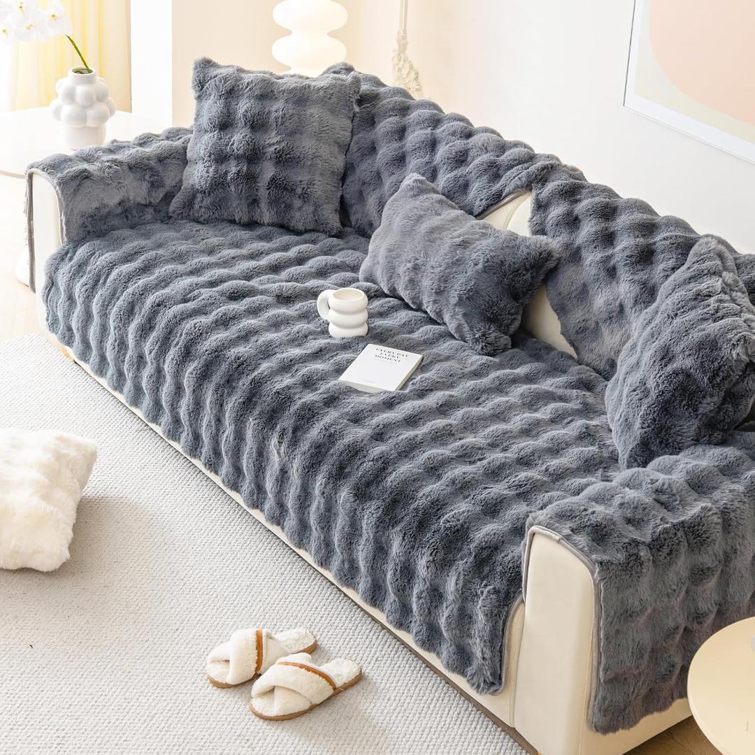 Faux Fur Sofa Cover, Rabbit Plush Couch Cover, Non-Slip Couch Covers Washable, Cosy Plush Sofa Slipcover, Furniture Protector for L Shaped(1pc/ Dark Grey /36"x70")