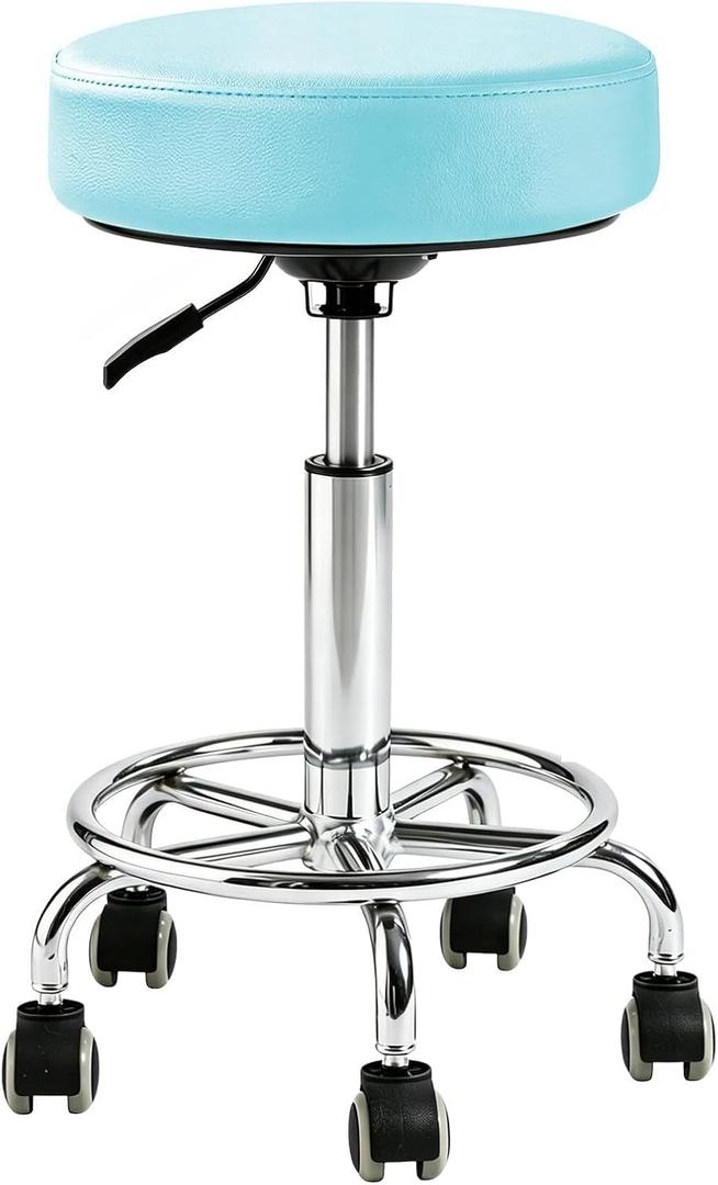 Adjustable Rolling Stool with Wheels Heavy Duty Round RollingStool with Footrest, Patent Leather Drafting Stool Chair with Wheels Work Spa Salon Seat,Blue
