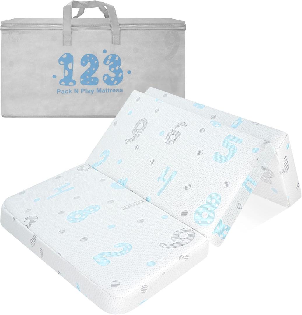 Pack and Play Mattress Pad, 38"x26"Dual-Sided Memory Foam Pack N Play Mattresses for BabyToddler, Soft Baby Mini Crib Mattress for Pack N Play with Machine Washable Cover,Heart (Blue)