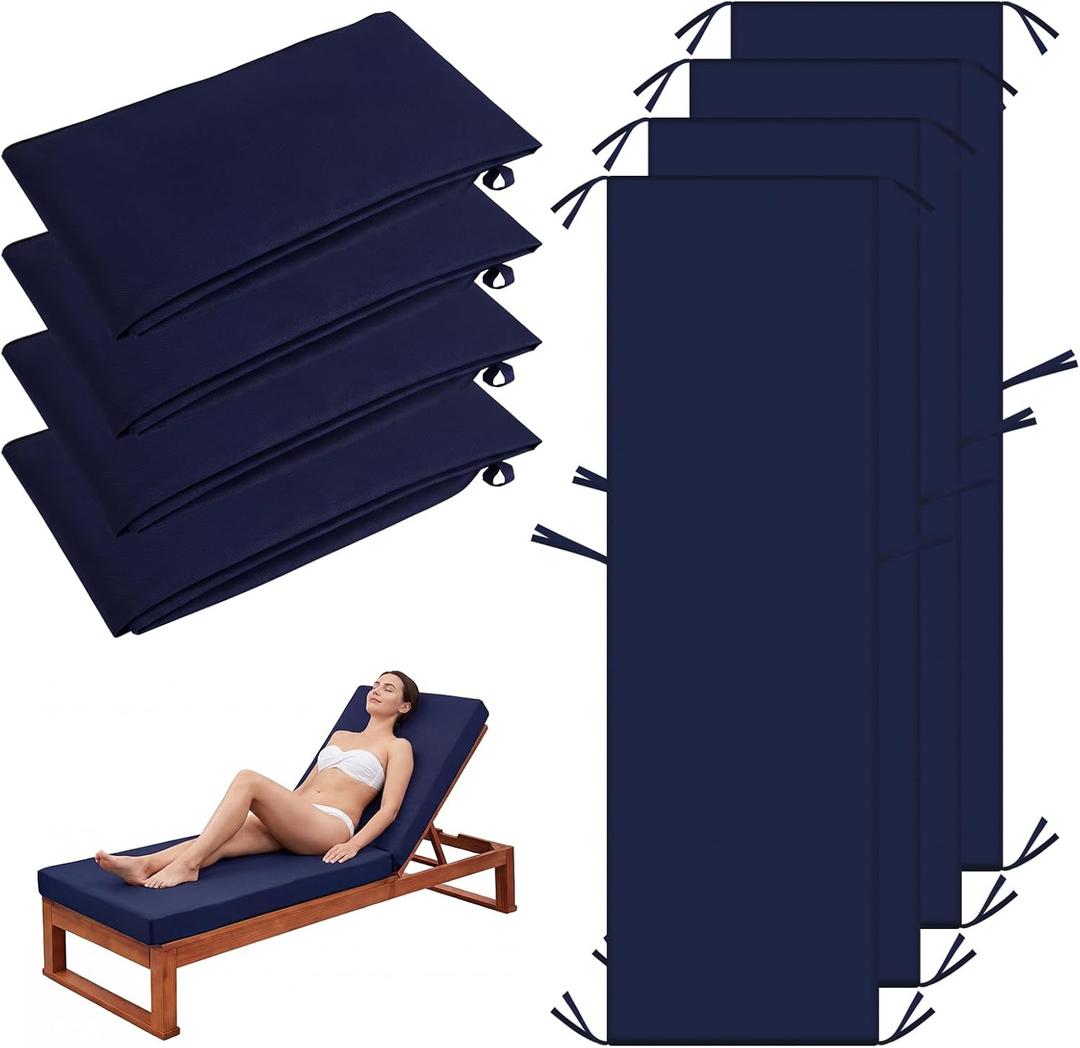 4 Pack Outdoor Chaise Lounge Cushion Covers Waterproof, Patio Lounge Chair Cushion Replacement Covers with Zipper and Ties for Patio Pool (72 x 21 x 3 Inch, Lake Blue, Cushion Not Included)