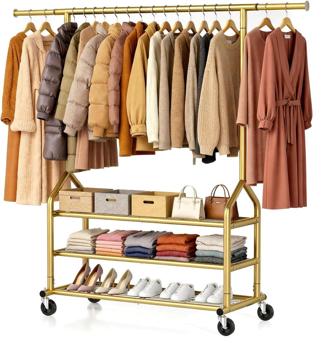 Heavy Duty Clothing Rack, Rolling Clothes Rack with 3 Shelves, Gold 686 LBS Load, Height Adjustable, Gold, 63"D x 19.7"W x 70.8"H