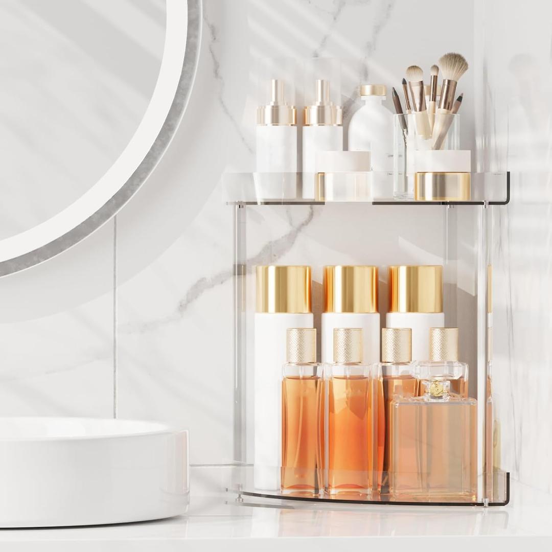 Bathroom Counter Organizer Countertop 2 Tier Storage Acrylic Corner Makeup Organizer for Makeup, Perfume, Vanity, Spice Rack, Bathroom Sink, Coffee Station(Clear), Fan-shaped