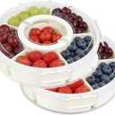 2 Packs Divided Serving Tray with Lid and Handle, Portable Round Snackle Box Container with 6 Compartments, Snack Bento Box for Party, Picnic, Travel, Beige