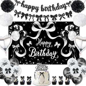 Roetyce Black Bow Birthday Decorations, Happy Birthday Banner Balloons Hanging Swirls Cake Topper Kit, Bow Tie Themed Party Photo Background Backdrop for Women Girls, Back drop only