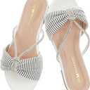 Women's Sandals Rhinestone Strappy Slides With Soft Memory Foam Insole, Dressy Open Toe Beach Slippers Flats for Summer (7, White)