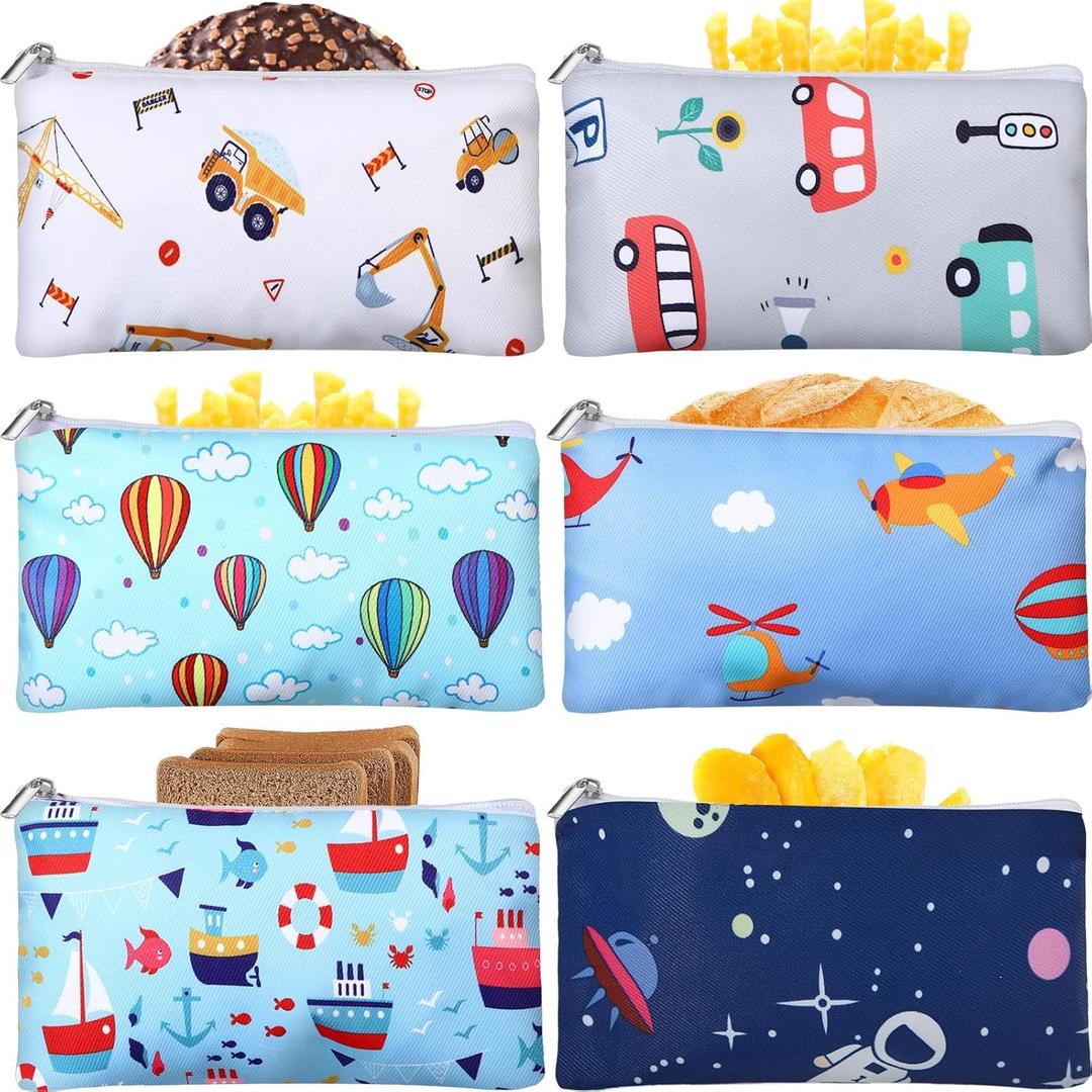 Chumia 6 Pcs Reusable Snack Bags Christmas Gifts Food Safety Washable Snack Bags Lunch with Zipper Portable Sandwich Bag Food Storage Pouch Double Layer(Lovely,6.9 x 3.7 Inches)