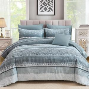 WONGS BEDDING 8 Piece Queen Size Comforter Set, Blue Striped Bed in a Bag Comforter and Sheet Set, Boho Lightweight Microfiber Bedding Set for All Season (90"90")
