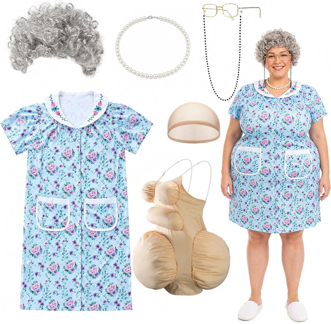7 Pcs Halloween Fat Old Lady Costume Set, Grandma Dress Fat Suits (Blue, XXL)