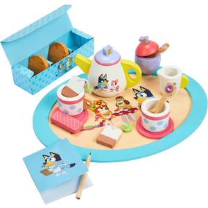 Bluey Wooden Tea Party Set  18 PC Pretend Play Set with Tray, Teapot, Tea Cups, Biscuits, Sugar Pot, Notepad & Pencil- Durable, Eco-Friendly FSC Certified Wood  Imaginative Role Play Toy for Kids 3+