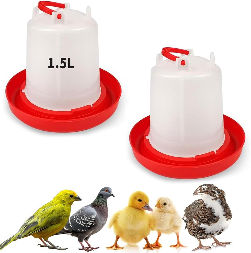 2 Pack 1.5L Chick Waterer with Handle  Poultry Drinker Set for Chicks, Ducks, Turkeys, and Small Farm Birds | Plastic Water Dispenser for Coop