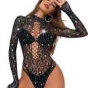 Women Sexy Lace Leopard Fishnet Bodysuit, One Piece Mesh Full Rhinestone Lingerie, Sparkle Music Festival Rave Outfits