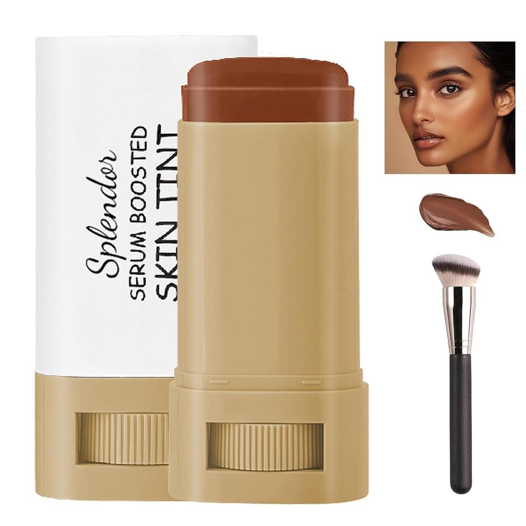 Serum Boosted Skin Tint Balm, Beauty Balm Skin Tint Stick for Black Women, 2-in-1 Foundation Stick with Brush, Portabl Moisturizing Essence Solid Tinted Moisturizing Serum Even Skin Tone (#2-1pcs)