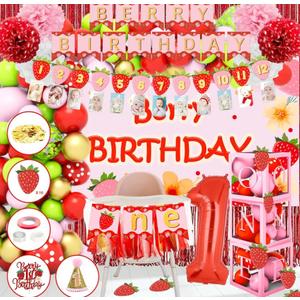 177pcs Berry First Birthday Decor, 1st Birthday Decorations Girl with Balloon Arch Kit, Baby Boxes, Paper Pom Poms, Fringe Curtains, Cake Copper