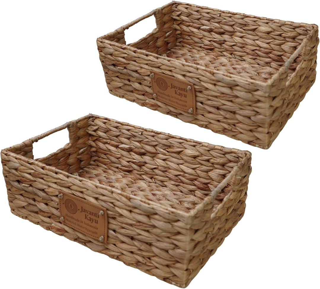 Handmade Water Hyacinth Wicker Storage Basket with Handles  Rectangle Organizer Bin for Shelves, Blanket, Bathroom, Closet  Stackable  Decorative & Durable (2, S: 12" x 8" x 4")