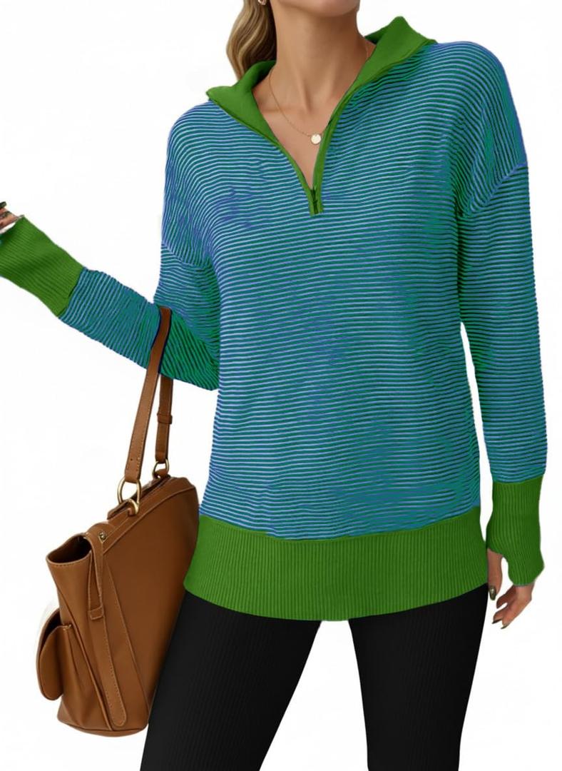 Saodimallsu Womens Quarter Zip Sweaters Striped Color Block Knit Sweatshirt Casual Trendy Pullover Tops with Thumb Hole (L)