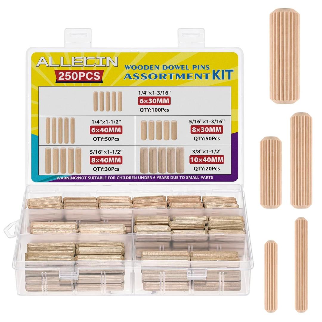 5 Sizes 250Pcs Wooden Dowel Pins Kit 1/4 3/8 5/16 Inch Small Fluted Wood Dowels Pegs Hardwood Pin for Furniture Woodworking Crafts