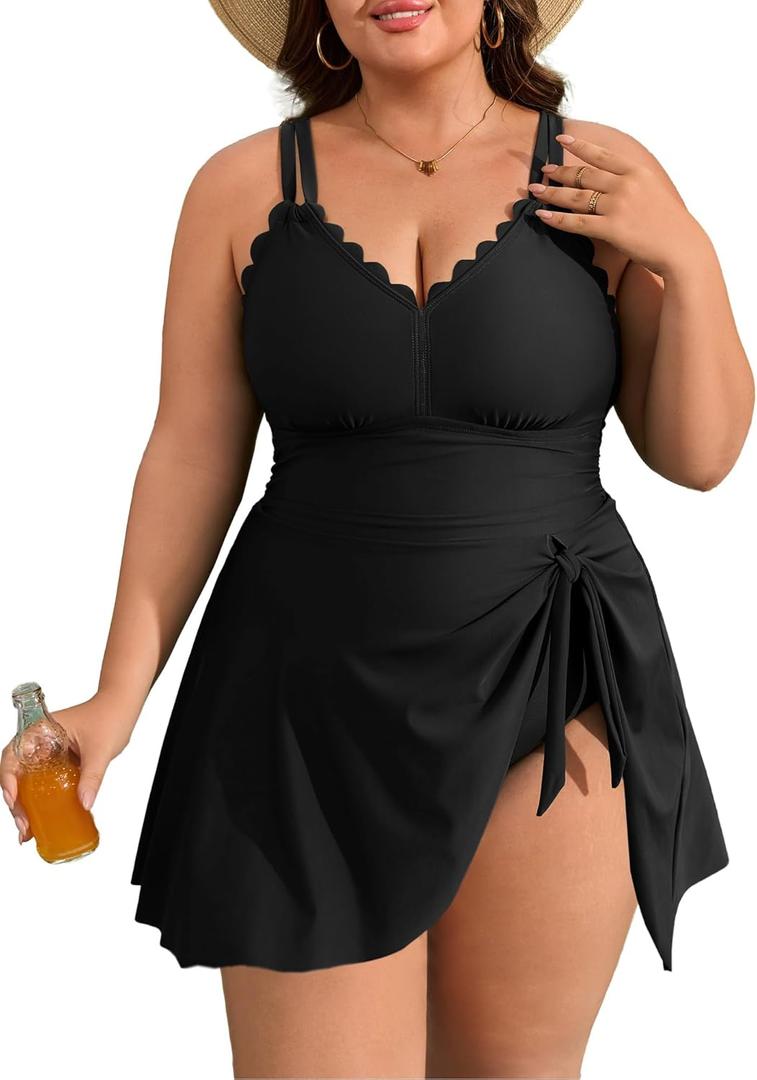 Charmo Plus Size Swimsuit for Women Swim Dress Scalloped One Piece Tummy Control Bathing Suit Ruched Swim Suits 2025 (3X, Black)