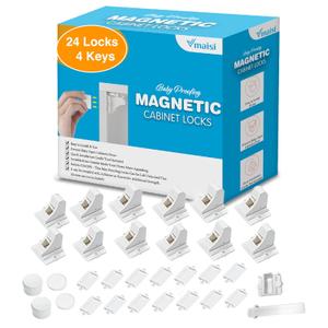 Vmaisi Adhesive Magnetic Locks for Cabinets & Drawers (24 Pack and 4 Keys + Cradle)
