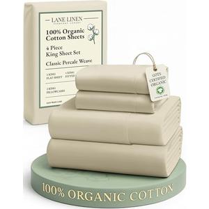 LANE LINEN 100% Organic Cotton Bed Sheets King Size, Fully Elasticized Reinforsed Seams in Fitted Pocket, Machine Washable Naturally Cooling All Season King Sheet Deep Pocket Bedding- Linen