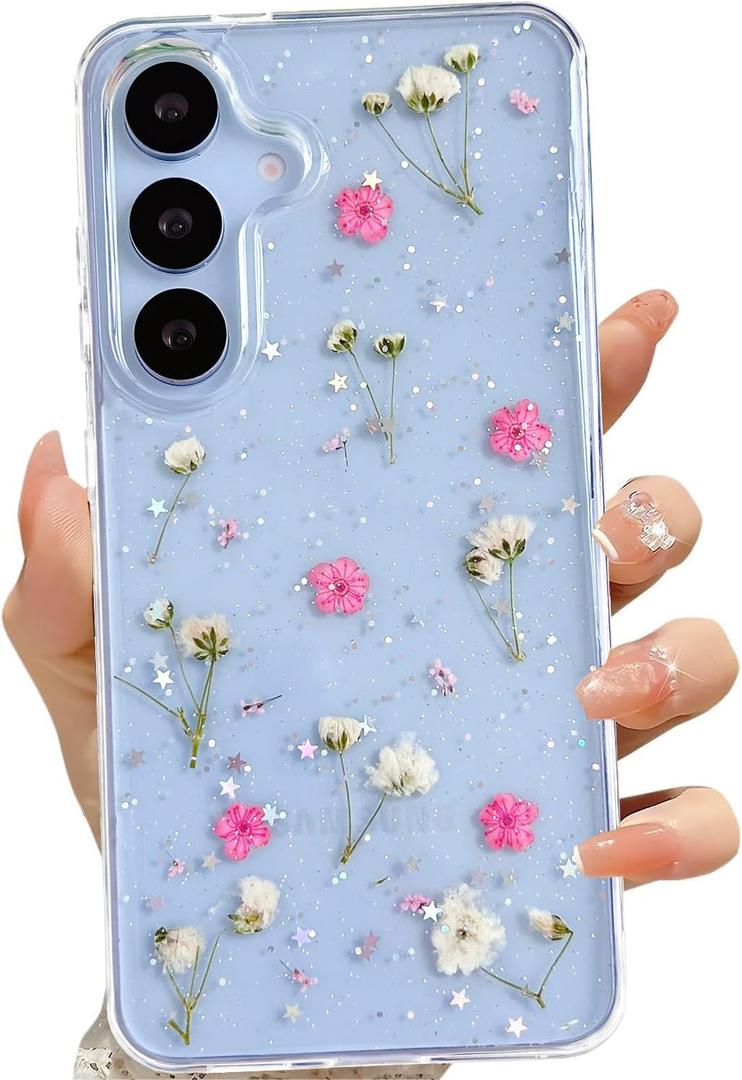 LSEEKA for Samsung Galaxy S25 S24 Clear Case with Pressed Real Dried Pink Flower Design,Transparent Glitter Cute Floral Slim Soft TPU Protective Phone Cover for Samsung Galaxy S25 S24