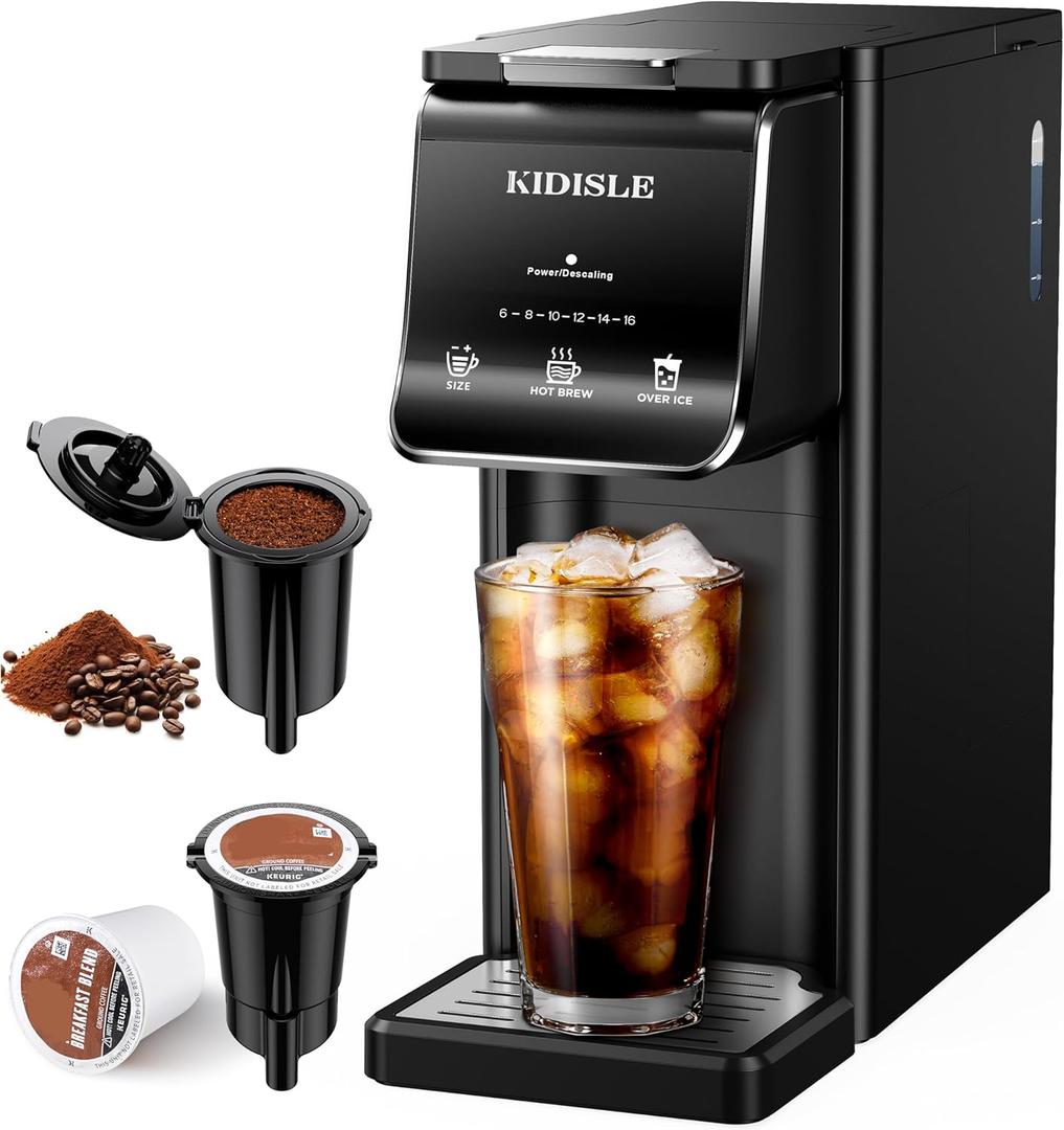 Hot & Iced Single Serve Coffee Maker, K Cup Pod Coffee Maker Compatible with Grounds, Reusable Filter, 616oz Brew Sizes, Large 40oz Water Tank, Easy to Use, Black