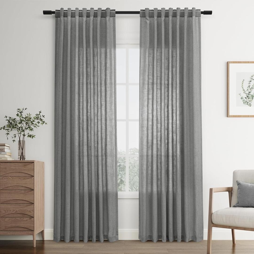Joywell Dark Grey Back Tab Rod Pocket Linen Curtains 90 Inches Long 2 Panels for Living Room Bedroom Neutral Boho Farmhouse Rustic Light Filtering Semi Sheer Curtains Window Treatment 52x90