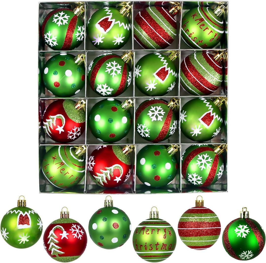 Christmas Balls Ornaments Set, 16Pcs 2.4 Inch Christmas Tree Ornaments, Red and Green Shatterproof Christmas Tree Balls for Xmas Decorations