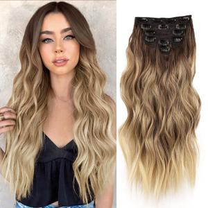 NAYOO Clip in Hair Extensions for Women 20 Inch Long Wavy Curly Ombre Brown to Blonde Hairpieces Full Head Synthetic Hair Hairpieces(6PCS,Ombre Brown to Blonde)