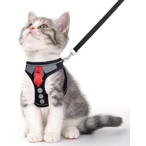 Cat Harness and Leash Set for Walking Escape Proof, Soft Adjustable Kitten Harness Breathable Mesh with Reflective Strips Harness for Kitty Puppy Bunny (Black, Small)