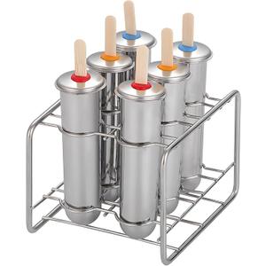 Stainless Steel Popsicle Molds, Set of 6 Ice Cream Maker, Ice Pop Molds With Holder, Metal Reusable Homemade Popsicle Molds with Sticks and Bags (Round Cup, No Slot)