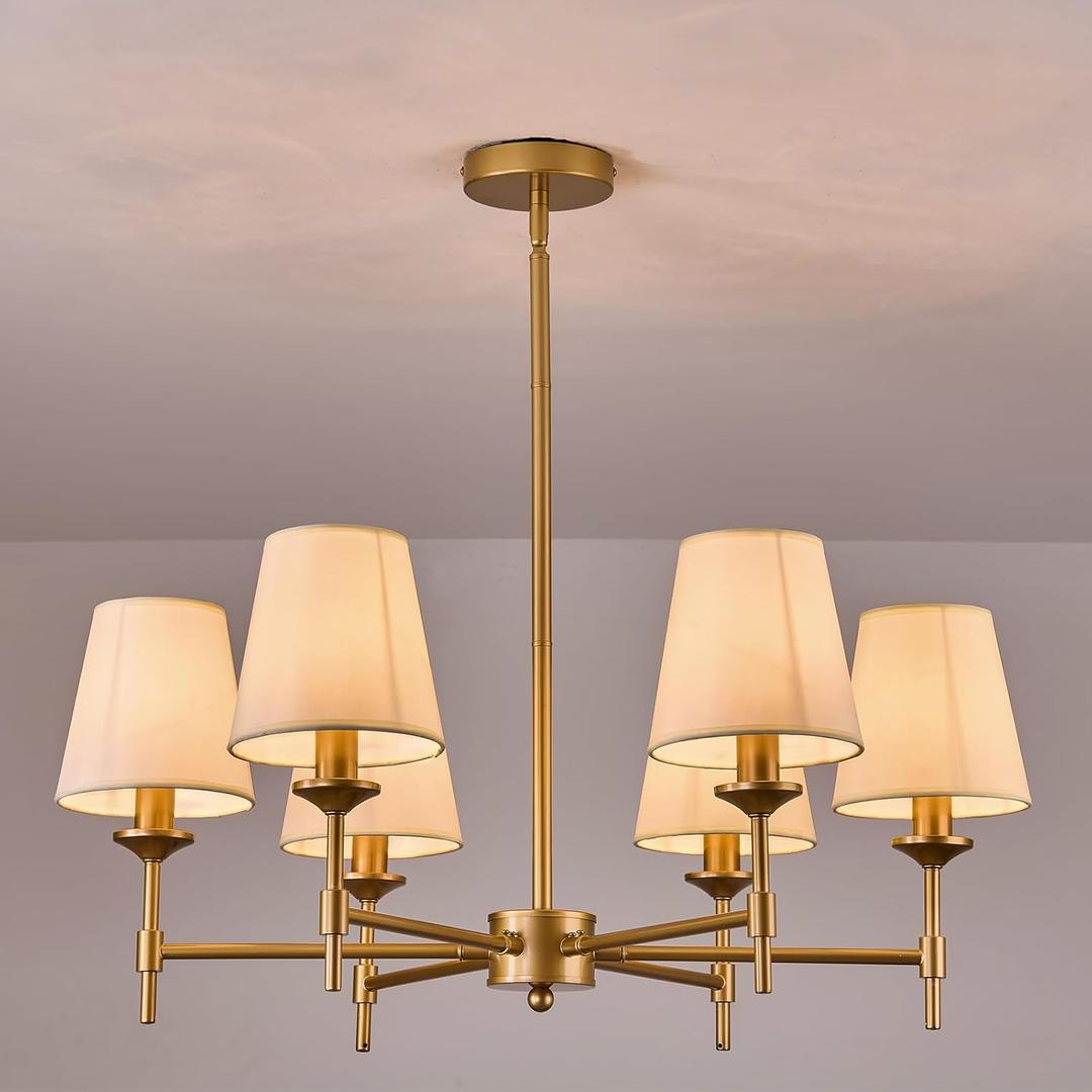 Gold Chandelier with Shades 6 Light Ceiling Light Fixture with Linen Fabric Farmhouse Pendant Lights for Bedroom Kitchen Dining Room Living Room Foyer, 6 Light Gold