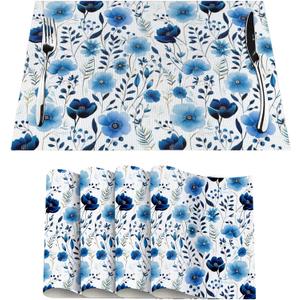 Blue Floral Watercolor Linen Placemats Set of 4, 12" x 18" Heat Resistant Washable Boho Blue Table Mats for Dining Table Kitchen Party Outdoor, Elegant Home Decor & Gift for Floral Nature Enthusiasts