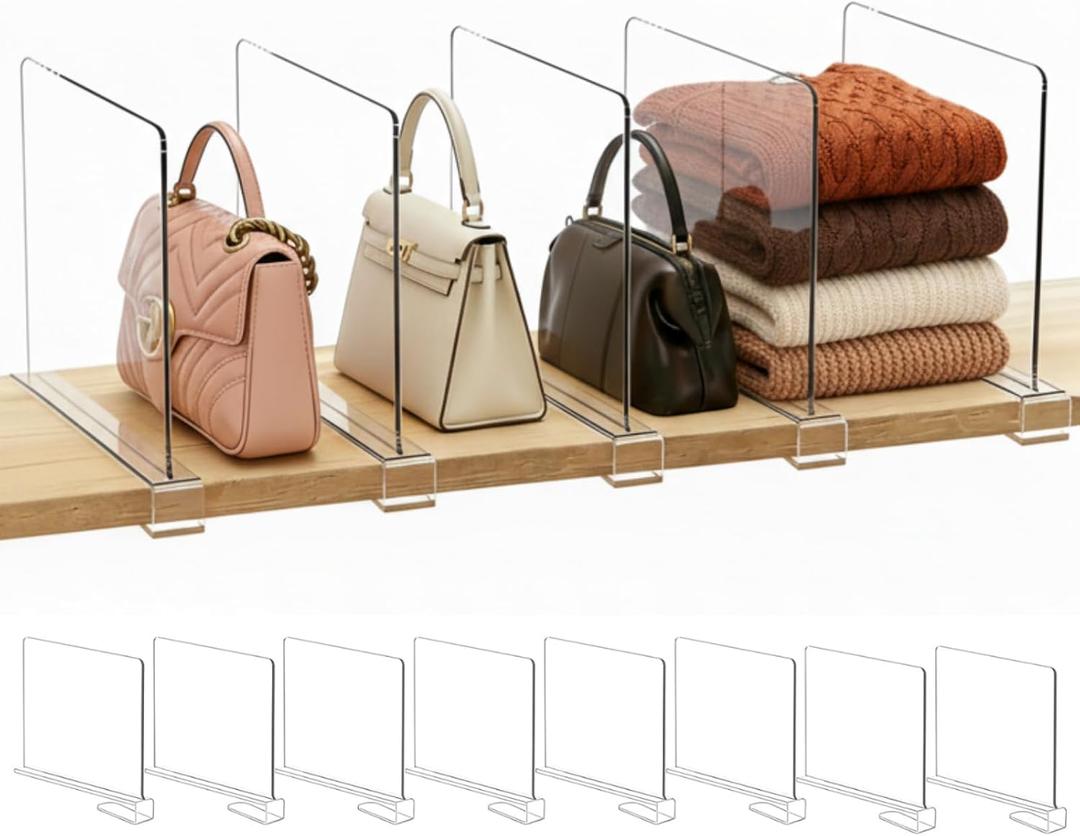 SortNStore Shelf Dividers Purse Organizer for Closet: 8-Pack Acrylic Bag Storage Organizer for Handbags, Clutches, Clothes, Sweater, Towel on Wood Shelves (Standard: 8" Tall x 12" Deep)
