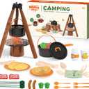 Kids Camping Toy Set, Pretend Play Cooking Set with Spray Stove, Food Toys, Tableware, Outdoor Toddler Campfire Toys for Ages 3+