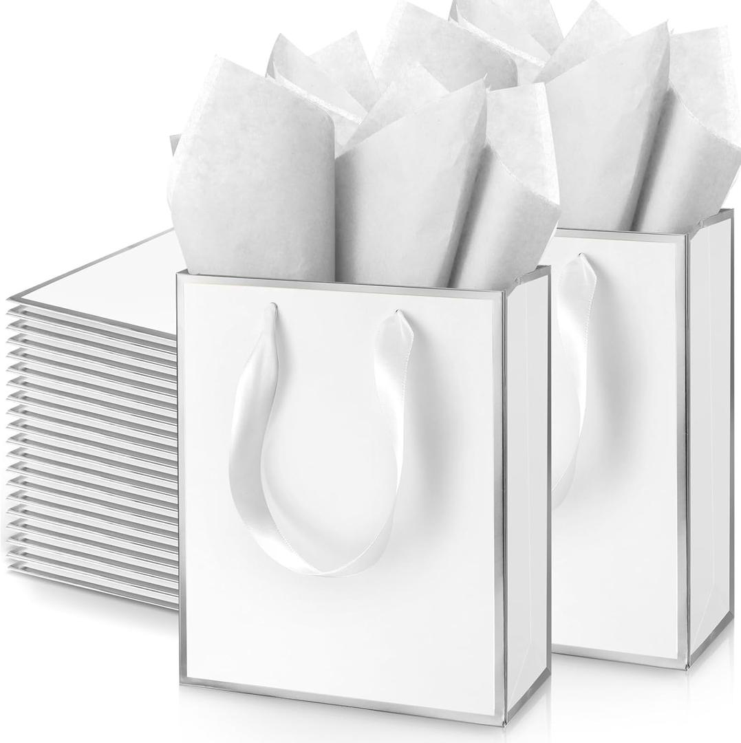 Yeaqee 50 Pack Metallic Gift Bags with Handle and Tissue Paper Gold Foil Thank You Bag for Graduation Wedding Groomsmen Bridal Baby Shower Gifts Holiday Party Favors 9x7x3.15'' (White Silver)