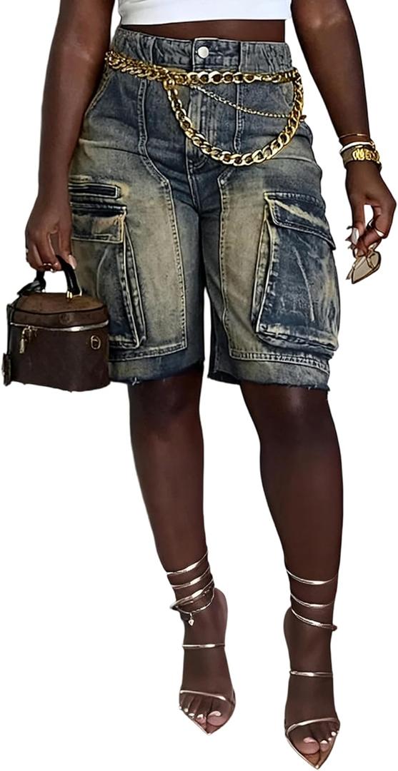 Denim Shorts Women High Waisted Summer Bermuda Stretchy Cargo Jean Casual Baggy Raw Hem Jorts with Pockets for Women (Large, Brown)