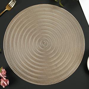 Mabbcoo Round Placemats Set of 8, 15 Inch Vinyl Placemats Hollow Out Washable and Wipeable Gold Circle Place Mats Dining Table Mats for Anniversary Dinner Kitchen Decorations