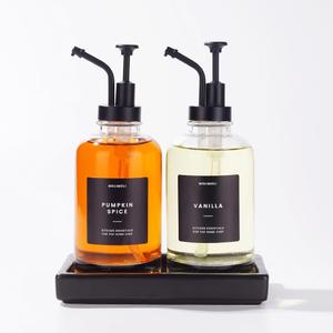 Molimoli Coffee Syrup Dispenser - Glass Bottle with Pump, Maple/Coffee Syrup, Labels and Tray (500ml, Set of 2 + Tray, Black)