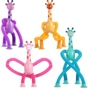 XONTEUS 4Pcs Giraffe Pop Tube Sensory Toys, Telescopic Suction Fidget Toys for Autism, Toddler Travel & Airplane Activities, Valentines Day Gifts for Kids Easter Basket Stuffers for Boy & Girl