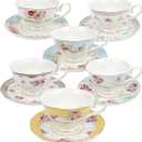 fanquare Colorful Floral Porcelain Coffee Cups with Saucers, British Tea Cups Set for 6, Classic Rose Tea Party Set for Women (Yellow and Blue)