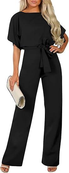 Women Dressy Jumpsuits Short Sleeve Belted Wide Leg Pant Crew Neck Elegant Romper L