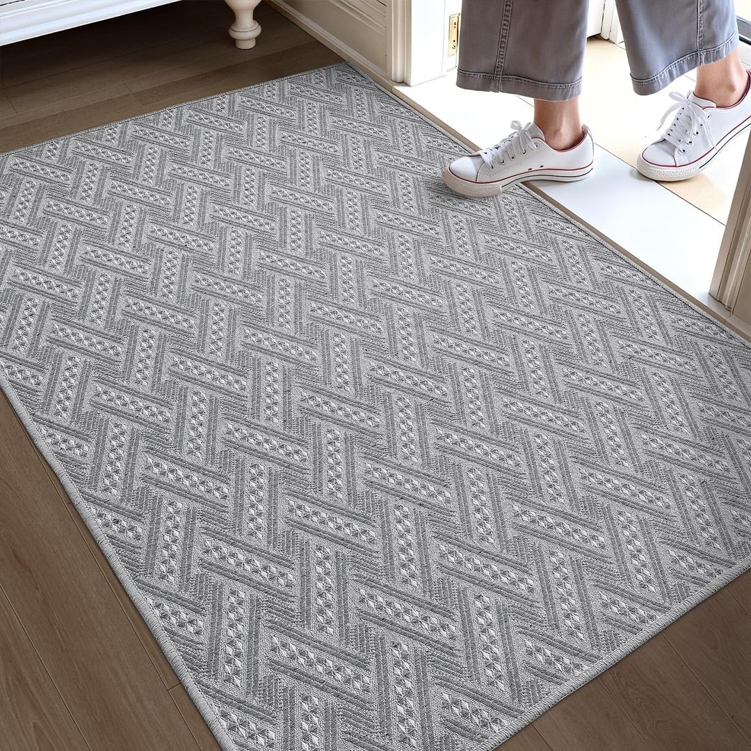 DEXI Door Mat Inside Entrance 2.6x4, Front Doormat for Entryway, Dirt Trapper Absorbent Easy Clean, Rubber Backing Non Slip Low Profile Thin Floor Entry Mats, Basket Weave Grey (2.6' x 4' (Rectangular))
