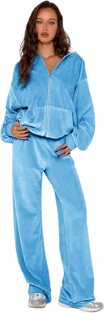 Womens 2 Piece Solid Velour Tracksuits Two Piece Velvet Lounge Outfits for Women, Long Sleeve Hoodie Tops Sweatsuits Casual Zip-Up Jacket Workout Pants Matching Set with Pockets, Sports Jogging Sets (Blue, S)