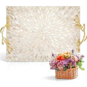 15.7 x 11.8 Inch Mother of Pearl Decorative Tray with Gold Metal Handle, Rectangular Serving Tray for Coffee Table, Kitchen Counter, Bathroom Vanity or Dining Table Centerpiece