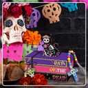 6 Pcs Day of the Dead Table Decoration Skeleton Cat Tiered Tray Decor Colorful Wooden Faux Book Stack Sign with Skull Accent Halloween Centerpiece for Home Shelf Kitchen Office Mantel Dcor