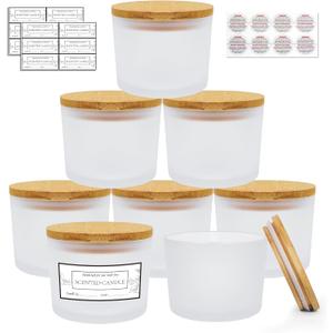 CONNOO 8 Pack 12 OZ Frosted Glass Wide Mouth Candle Jars for Making Candles with Airtight Bamboo Lids Nice Sticky Warning Labels for Candle Making Empty Container Bulk - Dishwasher Safe