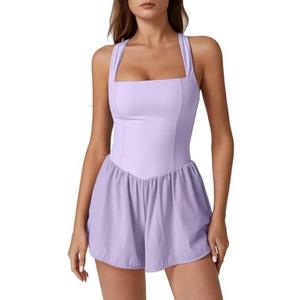 QINSEN Women's Square Neck Sleeveless Romper Jumpsuit Casual Summer One Piece Outfit with Pocket, Medium