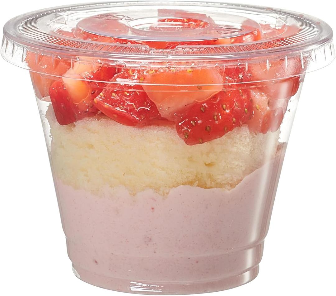 GUSTO [9 oz. - 50 Count Clear Plastic Cups With ?Flat Lids (No Hole), Fruit Cups with Lids for Party - Perfect for Smoothies, Milkshakes, and To-Go Beverages - (Formerly Comfy Package)