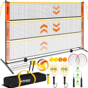 3-in-1 Adjustable Height Volleyball Badminton Pickleball Net Set - Portable Badminton Net Set for Backyards with Badminton Racket & Shuttlecocks, Volleyball Set with ball & Pump, Pickleball & CarryBag