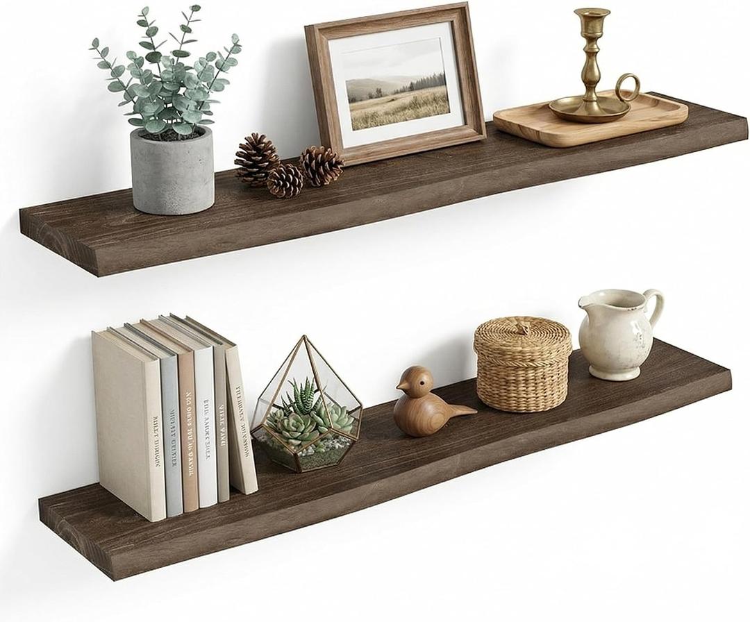 Vivelove Live Edge Floating Shelves for Wall Solid Elm Wood, Rustic Farmhouse Wall Shelf with Invisible Bracket for Living Room Bedroom Bathroom Office Book, 40 Inches - Set of 2 - Dark Walnut